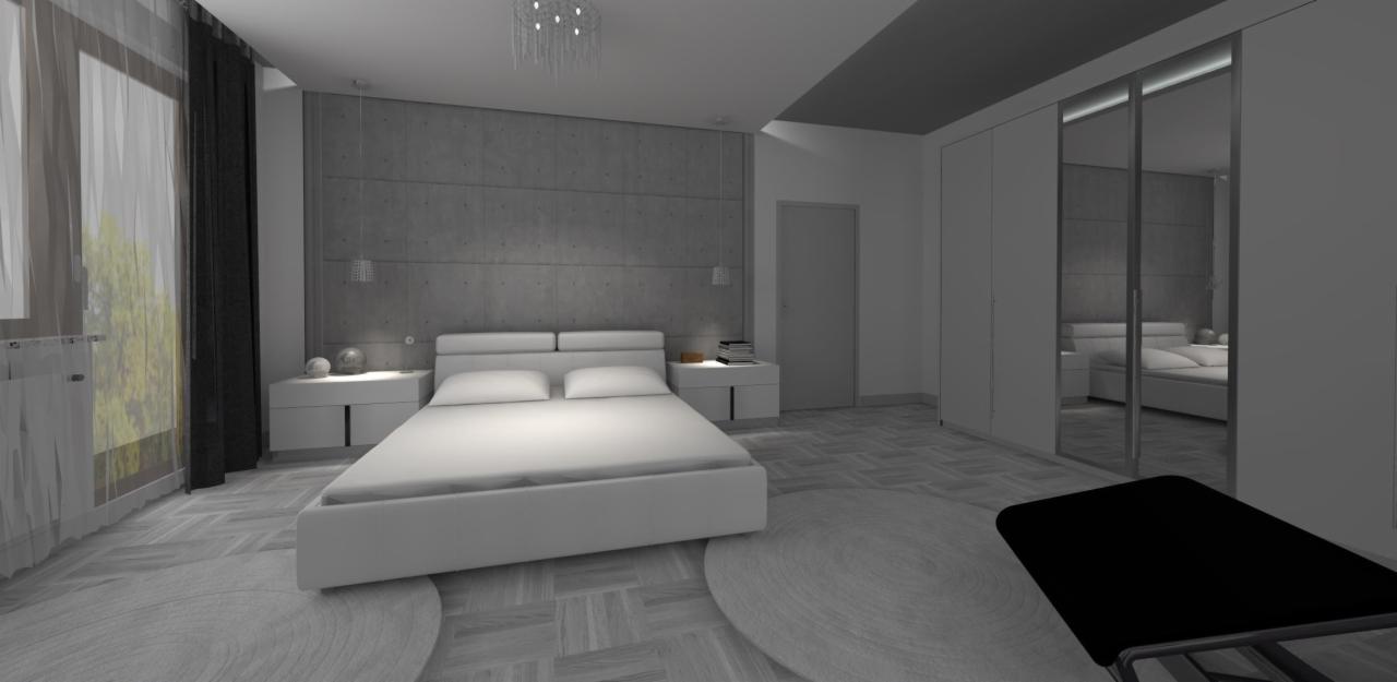 Wizualizacja sypialni w stylu minimalistycznym z betonową ścianą, białym łóżkiem i szafkami nocnymi, oraz szarą podłogą z desek.