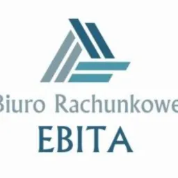 Logo Biura Rachunkowego EBITA z abstrakcyjnym symbolem trójkąta złożonego z trzech ukośnych belek w odcieniach szarości i niebieskiego na białym tle.