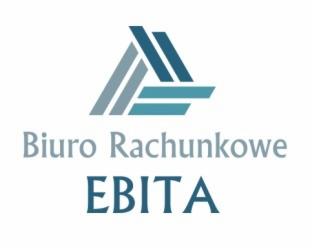 Logo Biura Rachunkowego EBITA z abstrakcyjnym symbolem trójkąta złożonego z trzech ukośnych belek w odcieniach szarości i niebieskiego na białym tle.