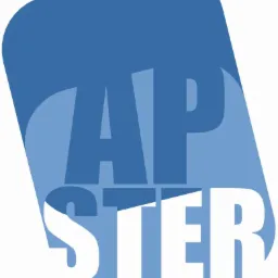 Graficzne logo 'AP STER' w błękitno-białej kolorystyce, umieszczone na zaokrąglonym tle. Litery 'AP' w g&oacute;rnej części, 'STER' poniżej, całość w nowoczesnym stylu.