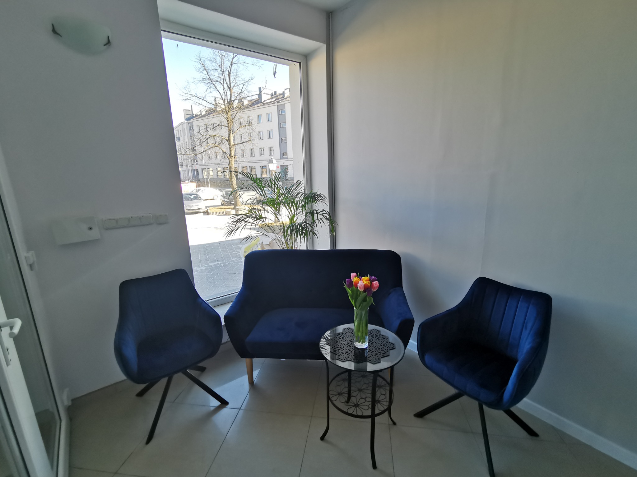 Poczekalnia: granatowy welurowy komplet wypoczynkowy - sofa dwuosobowa i dwa krzesła obrotowe, stolik kawowy z bukietem tulipanów, widok na budynek mieszkalny za oknem.