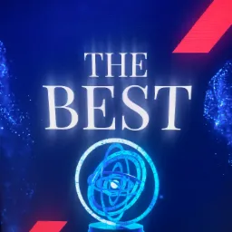 Grafika z napisem 'THE BEST' i stylizowaną, świecącą na niebiesko nagrodą w kształcie sfery armilarnej na ciemnoniebieskim tle z czerwonymi akcentami.