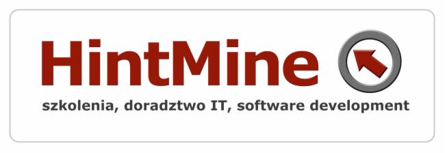 Logo firmy HintMine z czerwonym napisem, szarym okręgiem z czerwoną strzałką w prawym górnym rogu oraz tekstem 'szkolenia, doradztwo IT, software development' na białym tle.