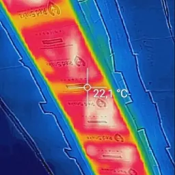 Termowizyjne zdjęcie instalacji grzewczej pod podłogą, wizualizujące rozkład temperatury na poziomie 22,1 stopni Celsjusza, z uwzględnieniem izolacji 'Red Snake'.