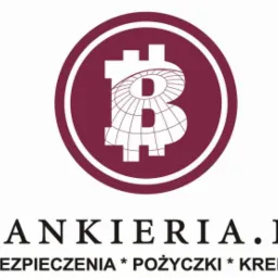 Logo firmy Bankieria.pl z symbolem B w okręgu, oferującej ubezpieczenia, pożyczki i kredyty.