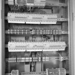 Rozdzielnica elektryczna Legrand z licznymi zabezpieczeniami i okablowaniem, widok z przodu, czarno-białe zdjęcie.