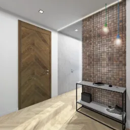 Wizualizacja przedpokoju z drewnianą podłogą ułożoną w jodełkę, brązową mozaiką na ścianie, konsolą z czarną ramą i marmurowymi półkami, oraz drewnianymi drzwiami z wzorem w jodełkę.