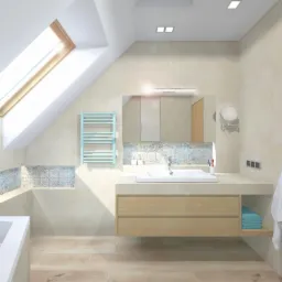 Jasna łazienka na poddaszu z oknem dachowym, beżowe płytki, drewniane szafki pod umywalką, błękitny grzejnik drabinkowy i dekoracyjne płytki nad blatem.