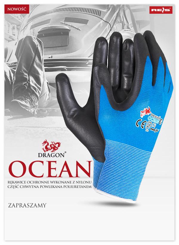 Reklamowe ujęcie pary niebiesko-czarnych rękawic roboczych Dragon Ocean z nylonu, z powlekaną częścią chwytną z poliuretanu, na tle sylwetki samochodu Volkswagen Garbus i siedzącej osoby.