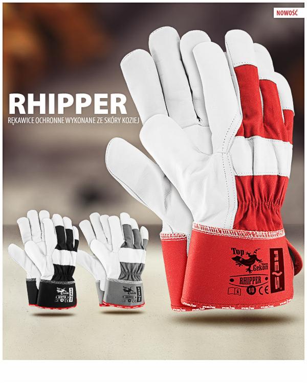 Prezentacja ochronnych rękawic roboczych marki Rhipper, wykonanych ze skóry koziej, z czerwonymi wzmocnieniami na palcach i nadgarstkach, na rozmytym tle.