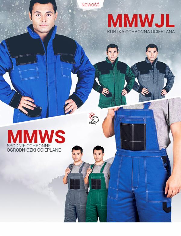 Katalog z kurtką ochronną ocieplaną w kolorze niebieskim z czarnymi wstawkami oraz spodniami ogrodniczkami w kolorze niebieskim, prezentowanymi na modelach w różnych wariantach kolorystycznych.