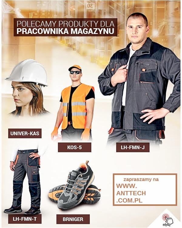Kolaż prezentujący różne elementy ubioru i obuwia dla pracownika magazynu: kurtka, spodnie, kamizelka, buty oraz kask ochronny, z widocznymi oznaczeniami modeli.