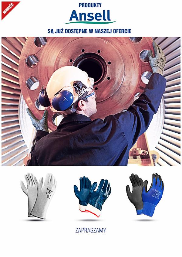 Pracownik w hełmie i ochronnikach słuchu, w rękawicach roboczych, przy turbinie; na dole trzy pary różnych rękawic roboczych marki Ansell.