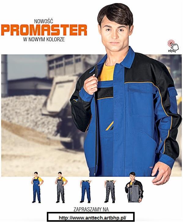 Mężczyzna prezentuje niebiesko-czarny kombinezon roboczy Promaster na tle placu budowy, widoczne różne warianty odzieży na dole zdjęcia.
