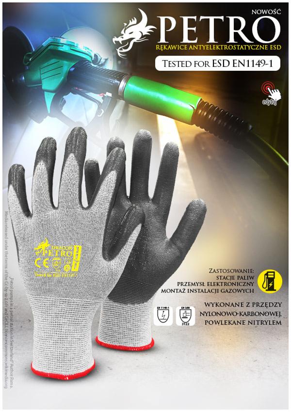 Rękawice antyelektrostatyczne ESD marki Petro na tle dystrybutora paliwa, przeznaczone do użytku na stacjach paliw, w przemyśle elektronicznym i montażu instalacji gazowych.