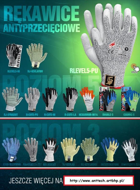 Katalog rękawic antyprzecięciowych różnych modeli i kolorów, z widocznym logiem Dragon RLevel PU i adresem strony internetowej producenta.