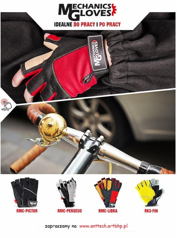 Prezentacja rękawic roboczych marki Mechanics Gloves, model RMC-Libra, z czerwoną dłonią i czarnym grzbietem, noszonych na dłoni w czarnym polarze, na tle roweru z chromowaną kierownicą i złotym...