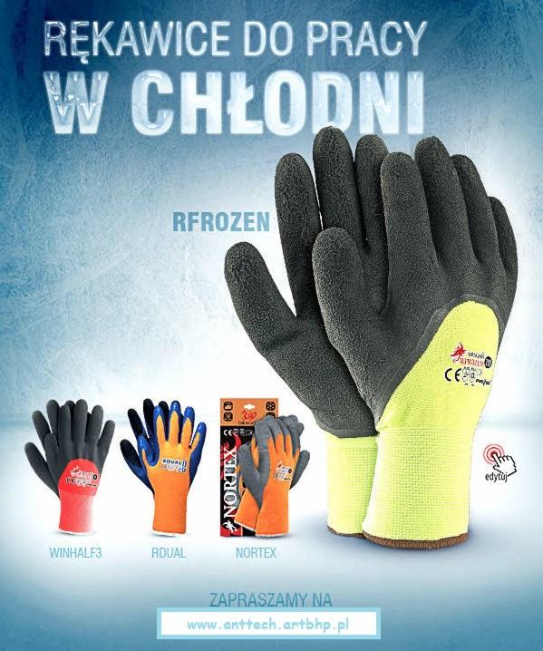 Promocyjne ujęcie rękawic do pracy w chłodni, z modelami Rfrozen, Winhalf3, Rdual i Nortex, na tle imitującym lód.