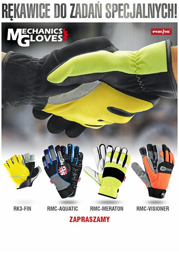 Prezentacja różnych modeli rękawic ochronnych z logo producenta, w tym para trzymana w dłoniach, z żółto-czarnymi elementami i elastycznym mankietem.