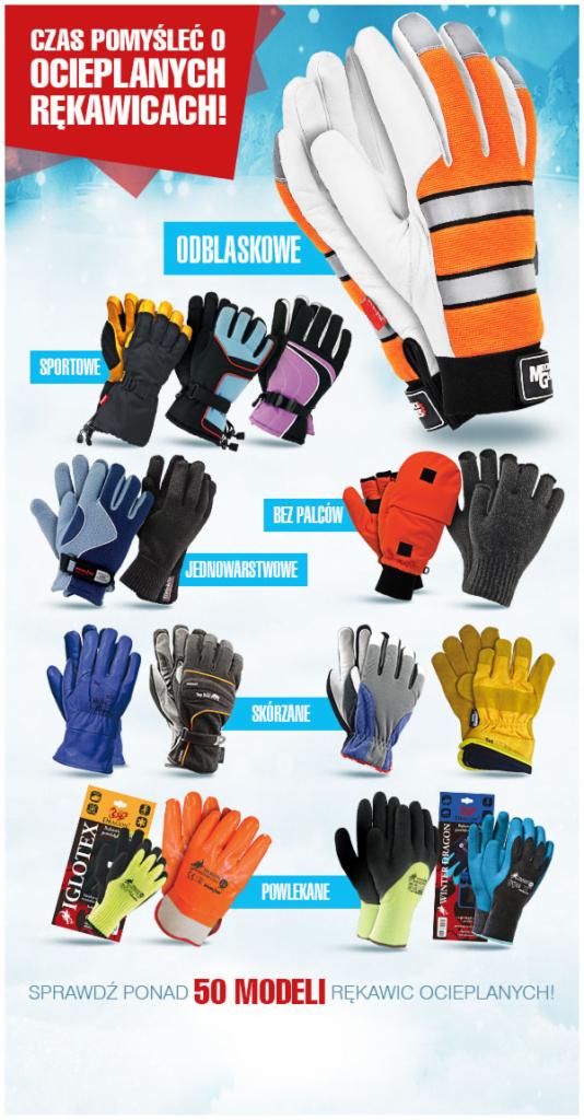 Katalog rękawic ocieplanych, prezentujący różne modele: odblaskowe, sportowe, bez palców, jednowarstwowe, skórzane i powlekane.