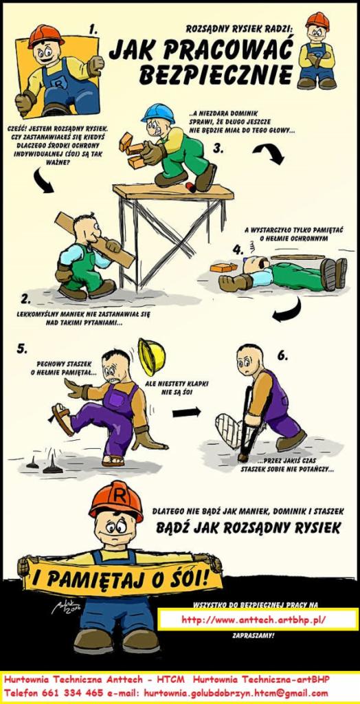 Ilustracja edukacyjna o bezpieczeństwie pracy, przedstawiająca serię sytuacji z udziałem animowanych postaci, w których brak odpowiednich środków ochrony osobistej prowadzi do wypadków, a na dole...