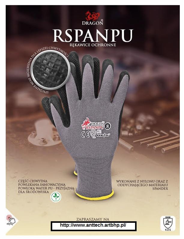 Szare rękawice ochronne RSPANPU z czarnymi palcami, mankiet wykończony żółtą lamówką, na tle z narzędziami i logo producenta Dragon.