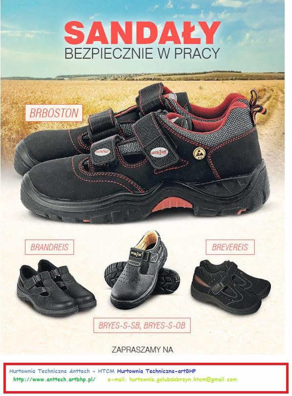 Katalog z kilkoma modelami czarnych sandałów przeznaczonych do pracy, z zapięciem na rzepy i czerwonymi przeszyciami, na tle pola pszenicy i hasłem reklamowym.