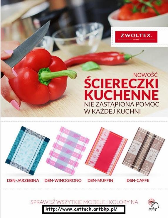 Reklama ściereczek kuchennych Zwoltex: dłoń z nożem kroi czerwoną paprykę na drewnianej desce, w tle garnki i papryczki chili, poniżej cztery wzory ściereczek z nazwami DSN-Jarzębina, DSN-Winogrono...
