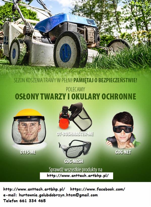Reklama z Golub-Dobrzyń przedstawiająca kosiarkę do trawy w trawie oraz ofertę osłon twarzy, okularów ochronnych i słuchawek przeciwhałasowych do prac ogrodowych.