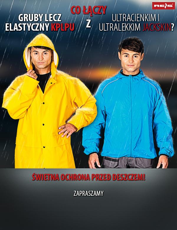 Porównanie dwóch modeli przeciwdeszczowych kurtek: żółtej, grubej i elastycznej oraz niebieskiej, ultracienkiej i ultralekkiej, prezentowane na tle padającego deszczu.