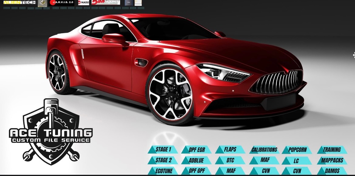 Wizualizacja czerwonego sportowego samochodu z czarnymi felgami, prezentacja logo firmy Ace Tuning oferującej custom file service, z listą dostępnych opcji modyfikacji.