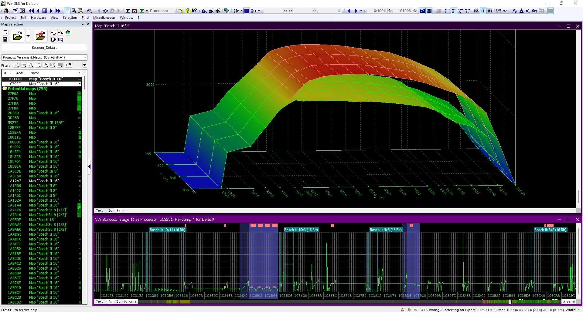 Zrzut ekranu oprogramowania do strojenia silnika samochodowego, prezentujący trójwymiarowy wykres mapy silnika (Bosch II 16) z zaznaczonymi obszarami i przebiegami sygnałów.
