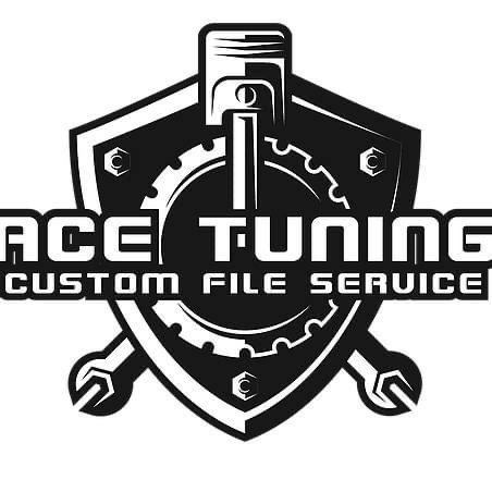 Czarno-białe logo firmy Ace Tuning Custom File Service z grafiką tłoka, zębatki i skrzyżowanych kluczy francuskich na tarczy.