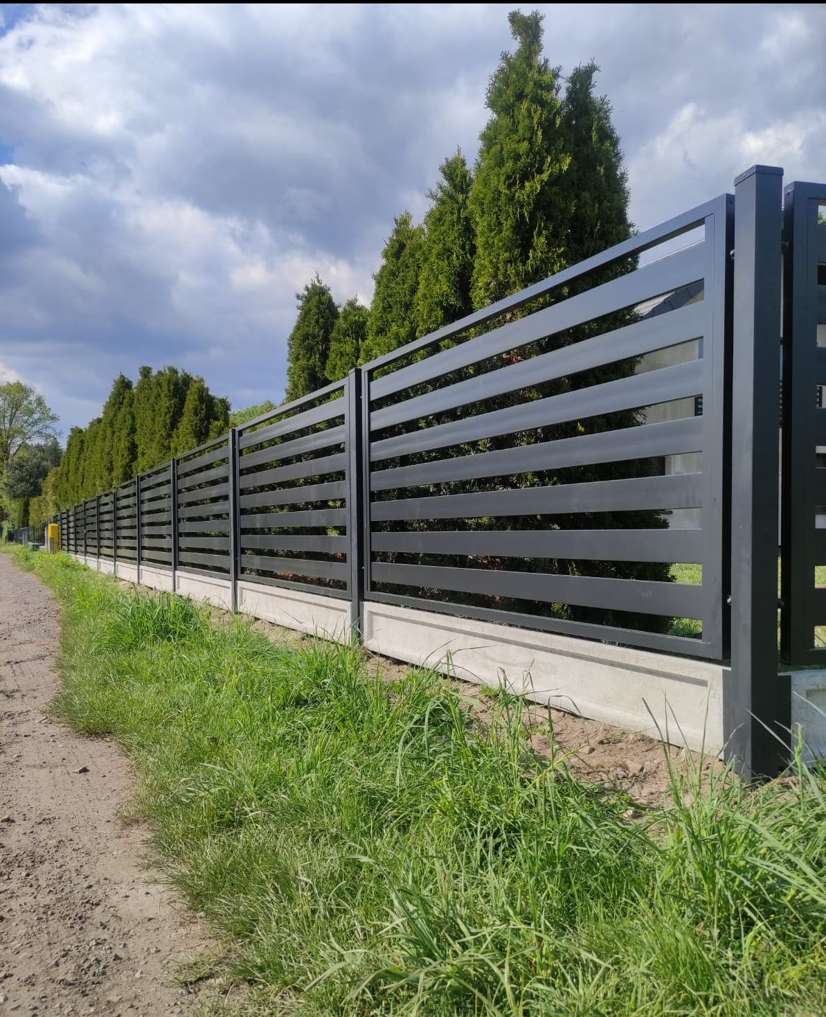 Nowoczesne, poziome przęsła metalowe czarnej, matowej balustrady posesyjnej na betonowej podmurówce, na tle zielonych tuj i błękitnego nieba z chmurami.