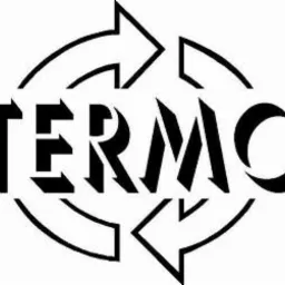 Czarno-białe logo firmy TERMO otoczone strzałkami tworzącymi okrągły kształt.