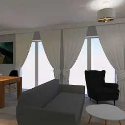 Wizualizacja salonu z szarą sofą, drewnianym stołem jadalnym i czarnym fotelem uszak, uzupełniona o dekoracyjny panel z drewna i cegły.