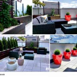 Kompozycja z kilku ujęć tarasu na dachu w Warszawie: drewniane skrzynie z roślinami, tuje, krzewy, meble ogrodowe z rattanu, czerwone donice z kulistymi roślinami, białe pufy ze wzorem plecionki.