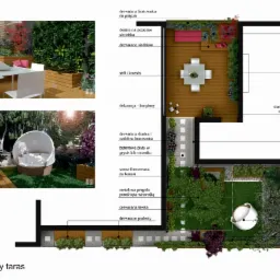Projekt nowoczesnego tarasu z drewnianymi podestami, meblami wypoczynkowymi, donicami, zielonymi ścianami i elementami dekoracyjnymi, widok z góry i perspektywa.