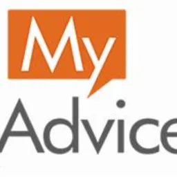 Logo firmy My Advice: pomarańczowy prostokąt z białym napisem 'My' i czarny napis 'Advice' z kropką nad 'i'.