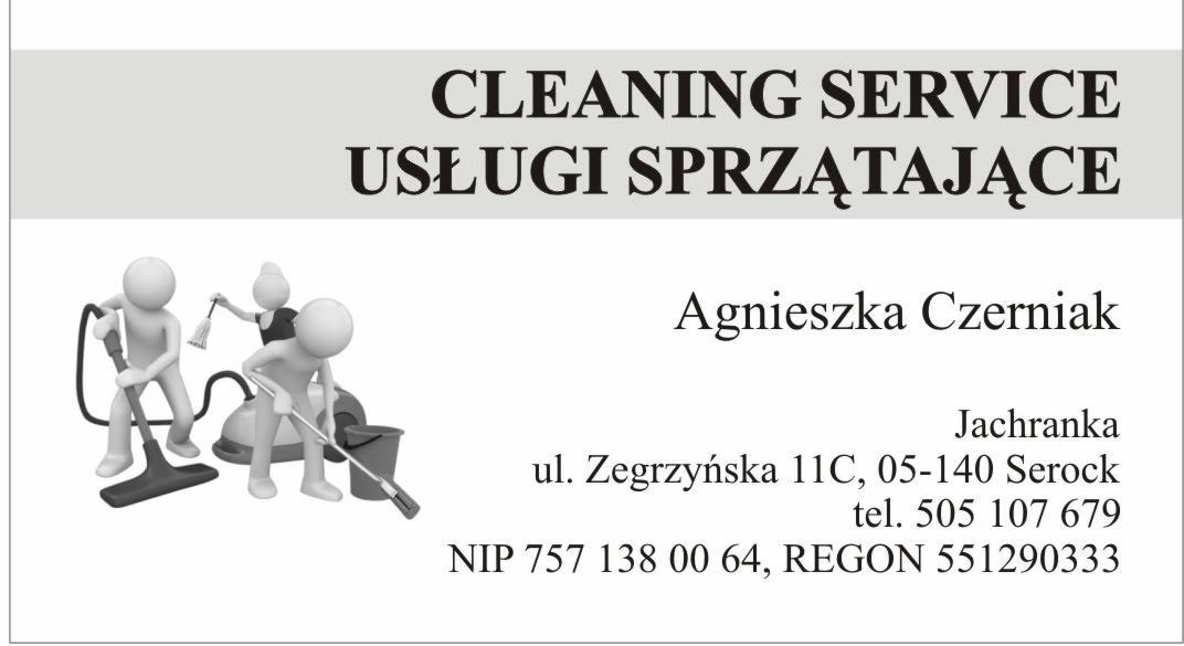 Grafika reklamowa firmy sprzątającej z trzema postaciami z tworzywa sztucznego sprzątającymi za pomocą odkurzacza, mopa i miotełki, obok nazwa firmy 'Cleaning Service Usługi Sprzątające' oraz dane...