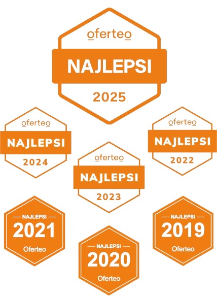 Zestawienie pomarańczowych odznak Oferteo 'Najlepsi' z lat 2019-2025. Grafika promuje firmę jako lidera.