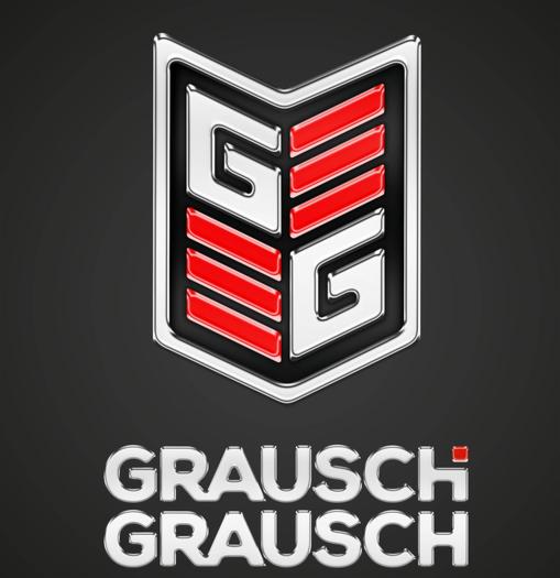 Stylizowane logo firmy Grausch z dwoma literami G w srebrnej obwódce, umieszczonymi w tarczy z czerwonymi poziomymi paskami na czarnym tle.