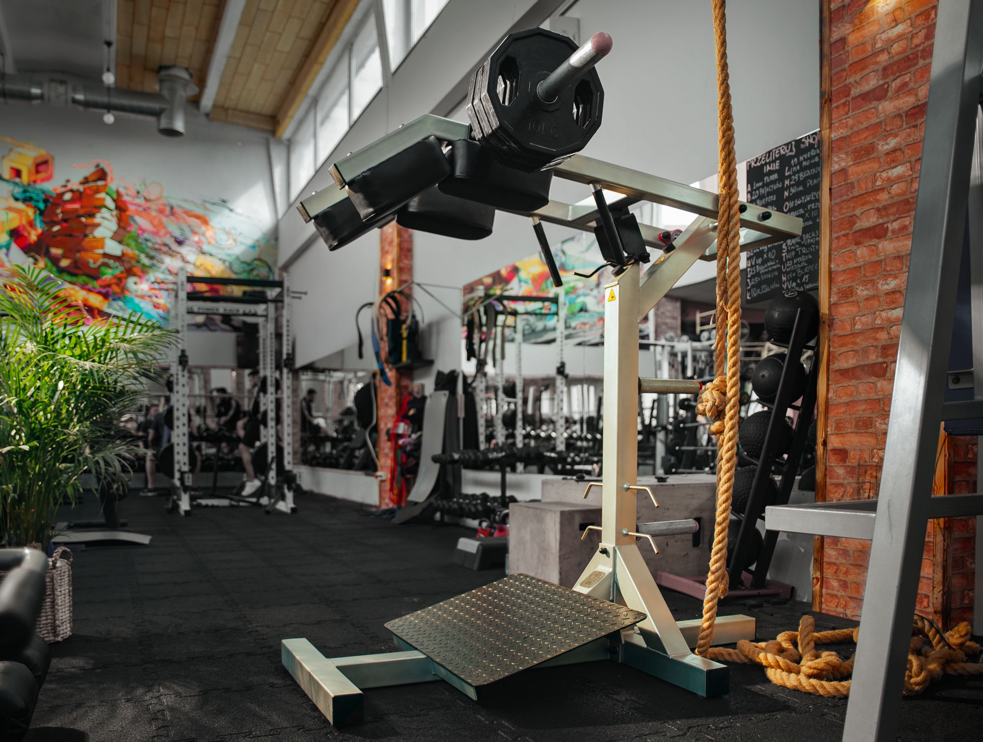 Profesjonalny sprzęt do ćwiczeń nóg z obciążeniem w nowoczesnej siłowni, widoczna lina do wspinaczki oraz tablica z planem treningowym na tle ceglanej ściany.