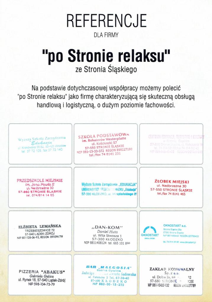 Skan dokumentu z referencjami dla firmy 'po Stronie relaksu' ze Stronia Śląskiego, zawierający listę klientów i ich dane adresowe.
