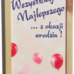 Drewniana skrzynka na wino z nadrukiem 'Wszystkiego Najlepszego... z okazji urodzin!' i motywem różowych balonów.