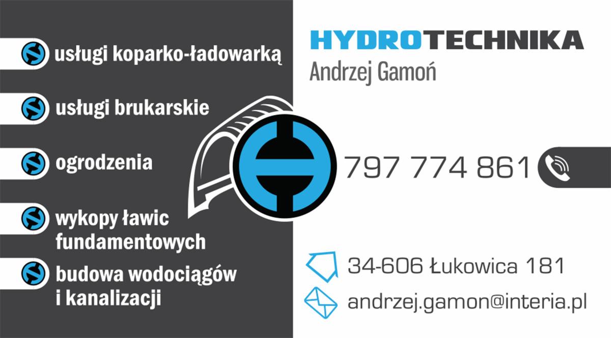 Wizytówka firmy Hydrotechnika Andrzej Gamoń, oferującej usługi koparko-ładowarką, brukarskie, ogrodzenia, wykopy ławic fundamentowych oraz budowę wodociągów i kanalizacji. Zawiera numer telefonu...