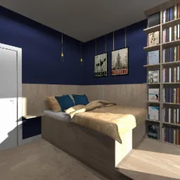 Wizualizacja sypialni z łóżkiem na podwyższeniu, granatową ścianą, drewnianą boazerią i regałem na książki, plakaty Polska Warszawa nad łóżkiem