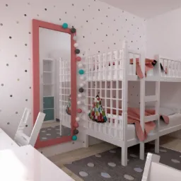 Wizualizacja salonu z aneksem kuchennym w nowoczesnym stylu: szara sofa z żółtą poduszką na pierwszym planie, w tle drewniana zabudowa kuchenna, białe ściany z geometrycznym wzorem i designerska...