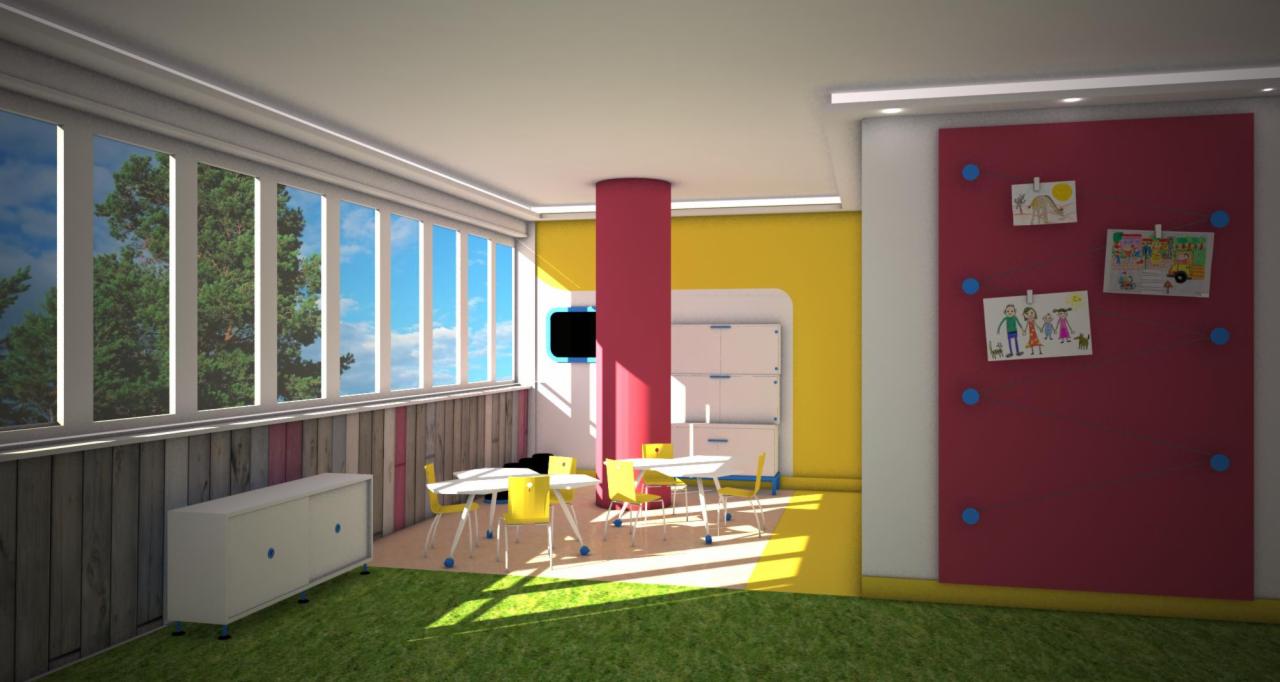 Wizualizacja wnętrza pokoju dziecięcego z dużym oknem, biurkami i krzesłami, kolumną w kolorze fuksji oraz tablicą korkową z rysunkami dziecięcymi.