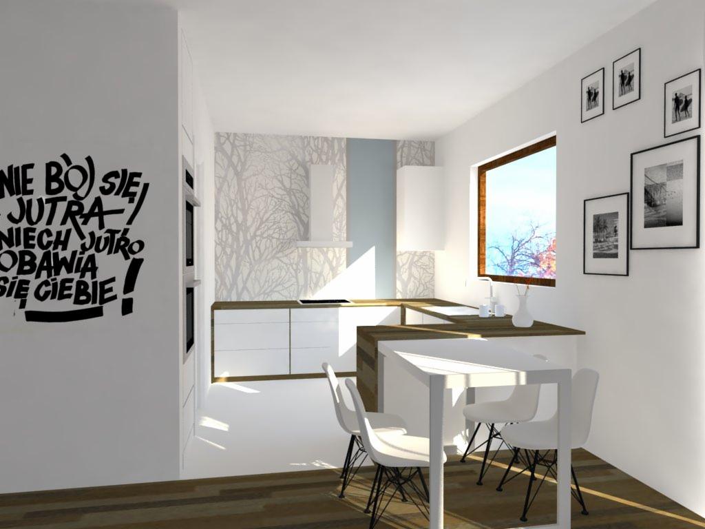 Wizualizacja nowoczesnej kuchni z białymi szafkami, drewnianym blatem i stołem z krzesłami. Na ścianie widnieje czarny napis motywacyjny oraz galeria czarno-białych zdjęć.